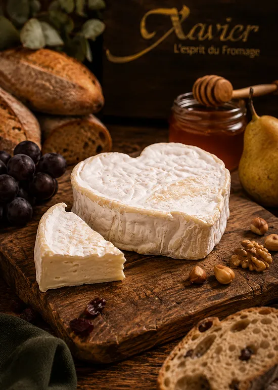 Fromage blanc rond sur planche avec fruits secs, miel et pain artisanal