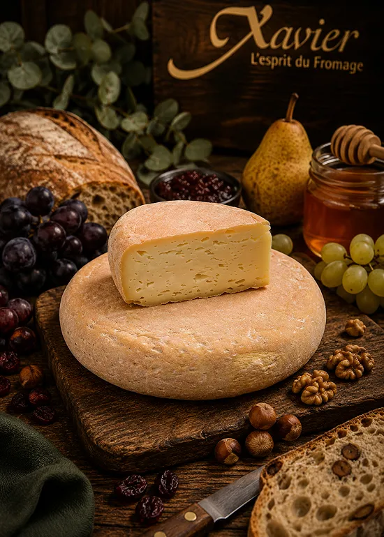 Fromage Xavier artisanal pos&eacute; sur planche avec fruits et sp&eacute;cialit&eacute;s fines