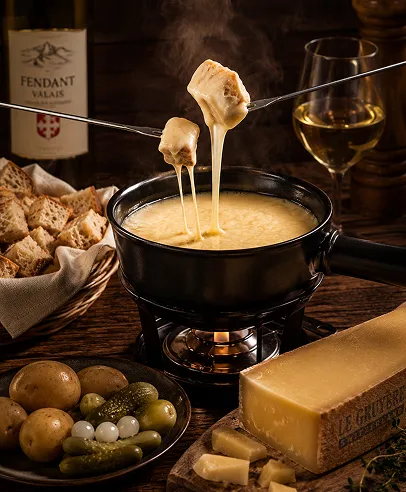 Fondue suisse au fromage fondu servie avec du pain et des accompagnements gourmands