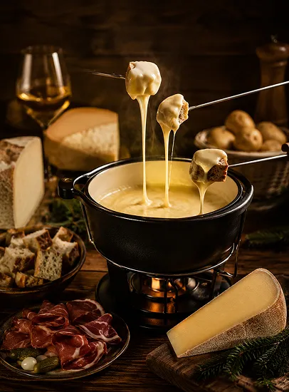 Fondue savoyarde avec fromages, charcuterie et accompagnements gourmands