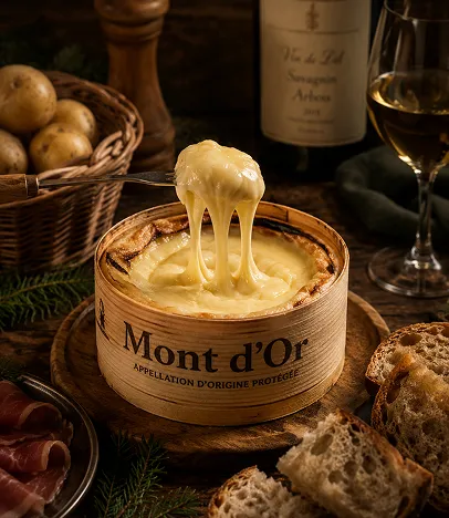 Fromage Mont d&rsquo;Or fondu servi avec du pain et des accompagnements fins