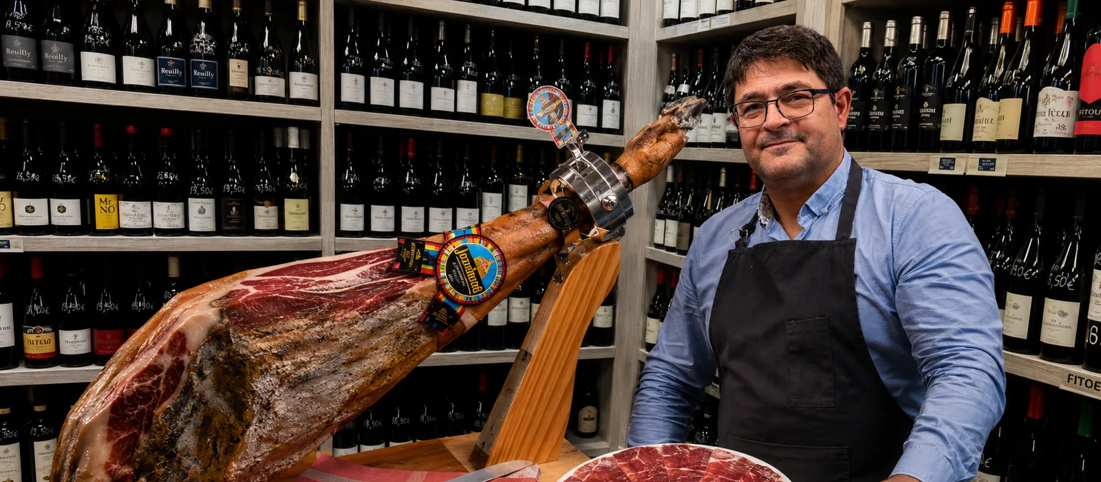 Caviste présentant jambon ibérique et plateau de charcuterie fine.