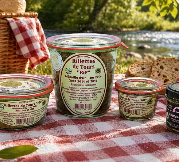 Rillettes de Tours IGP en pots sur table en plein air avec pain.