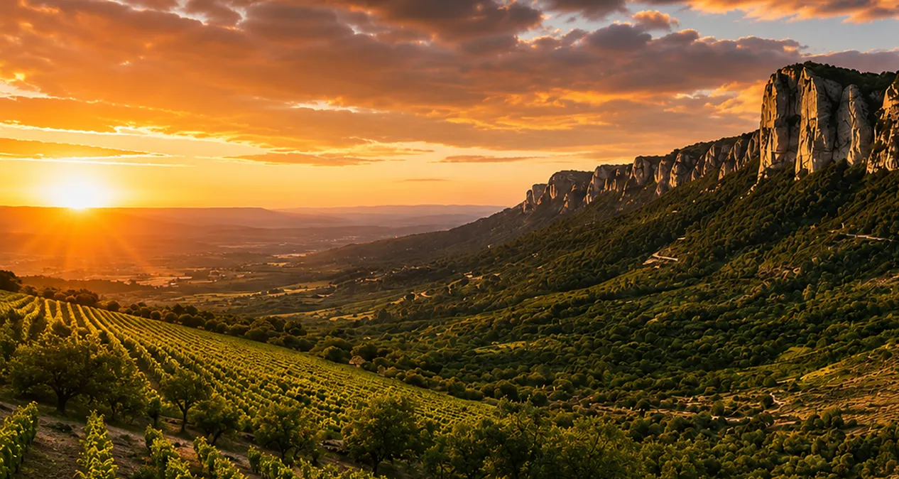Couchant sur vignobles et falaises, lumière dorée en Lauragais.