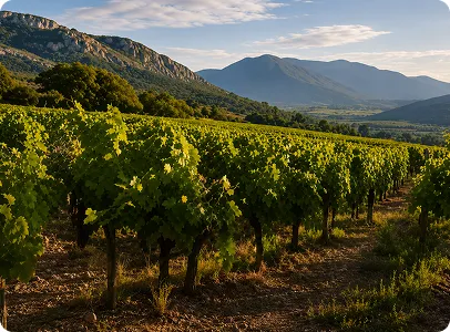 Vignes en terrasses sous un paysage montagneux ensoleillé, Lauragais.