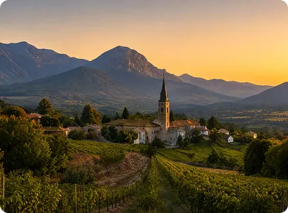 Couchant sur village viticole et église au pied des montagnes.