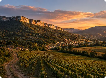 Couchers de soleil sur vignobles et montagnes près de Villefranche-de-Lauragais.
