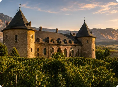 Château médiéval entouré de vignes au coucher de soleil en Lauragais.