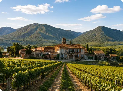Domaine viticole provençal entouré de vignobles et montagnes ensoleillées.