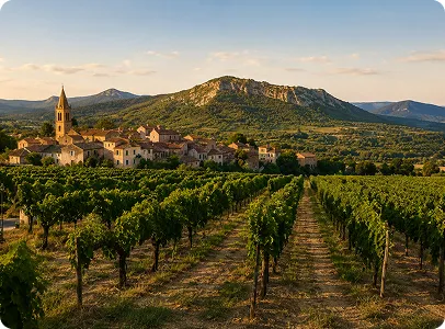 Vignobles ensoleillés et village typique en Lauragais au coucher de soleil.