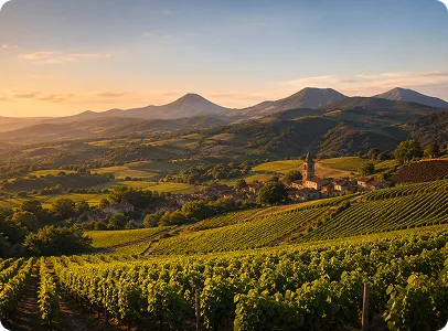 Couchers de soleil sur vignobles et montagnes en région viticole.