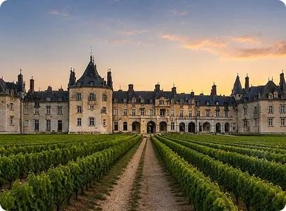 Château majestueux entouré de vignobles au coucher de soleil.