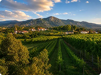 Vignobles verdoyants entourés de montagnes et village provençal ensoleillé.