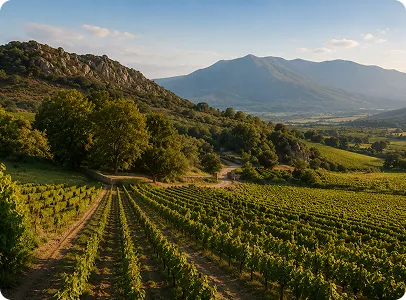 Vignes en terrasses sous montagnes ensoleillées, vignoble de prestige.