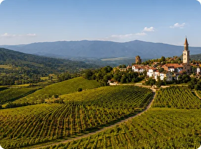 Vignobles en terrasses entourant un village pittoresque et une église au loin.
