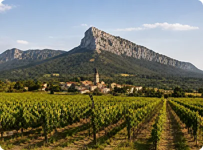 Vignobles de Villefranche-de-Lauragais sous un imposant piton rocheux.