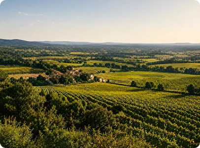 Vignobles verdoyants et village typique en Lauragais sous ciel dégagé.