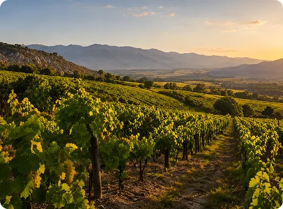 Vignes en terrasses au coucher de soleil dans un paysage viticole ensoleillé.